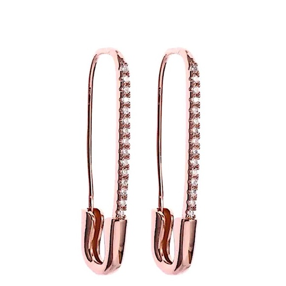 Rose Gold Plated Zircon Safety Pin Earrings, Minimalist, Punk, Gift For Teena… - Picture 2 of 6